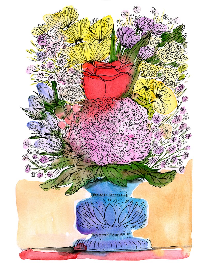 floral arrangement in blue vase with red rose, blue teasel, baby's breath, yellow daisies and big pink chrysanthemum in watercolor and ink, Illustration by laura havlish