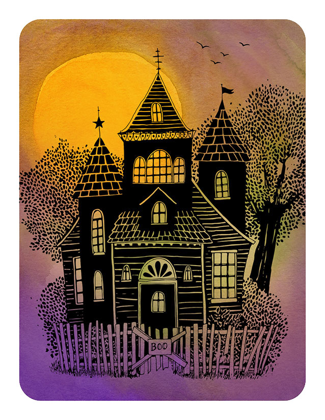 Watercolor and ink painting of a halloween haunted mansion in black set against a sunset sky that is orange and purple by laura havlish
