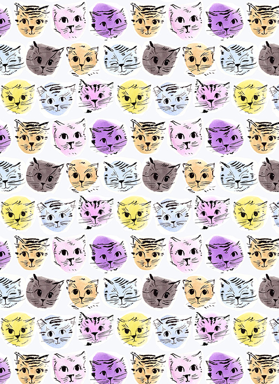colorful whimsical kitten faces in light blue yellow pink purple peach and gray pattern created in watercolor and ink by laura havlish