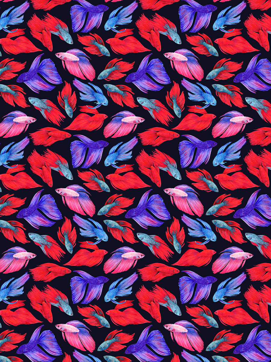 This is a repeat pattern created from betta fish illustrations that appear to be swimming throughout the pattern. The background is a very dark blue. The fish are pink, bluish purple, blue and vibrant red.